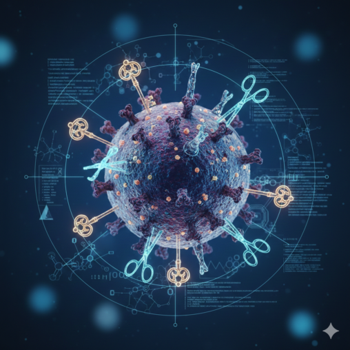 Imagen principal para el artículo que descifra el código de la gripe. Muestra una representación artística del virus de la influenza (H2N3), destacando las funciones de las proteínas H (Hemaglutinina) y N (Neuraminidasa) como la "llave" de entrada y la "tijera" de salida de las células.