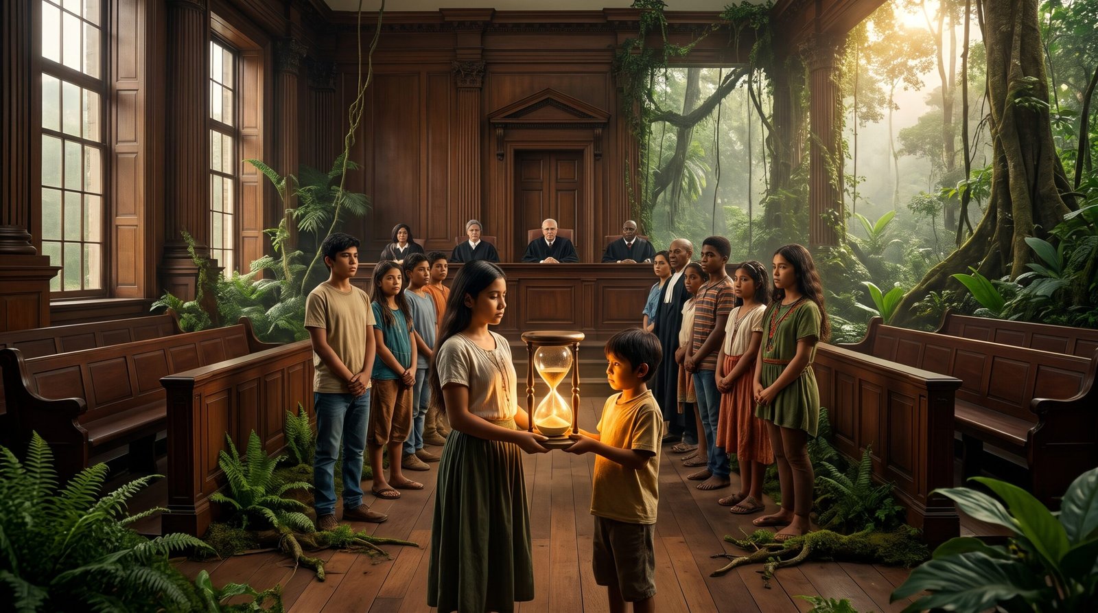VII - LA GOBERNANZA DEL TIEMPO (2024-2026) 1 Juventudes en un estrado judicial rodeado de naturaleza, representando la defensa legal del porvenir, la economía de la vida y la gobernanza del tiempo.