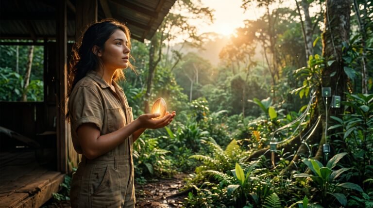 Va por la Tierra: Inteligencia Planetaria 6 Joven sosteniendo una semilla luminosa frente a un ecosistema regenerado, simbolizando el porvenir de Gaia y el relevo de las nuevas generaciones.