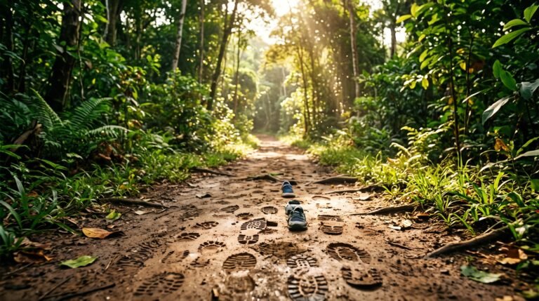 Va por la Tierra: Inteligencia Planetaria 5 Sendero en la selva con huellas de múltiples generaciones, simbolizando el camino que continúa, la acción colectiva y el compromiso con el planeta.