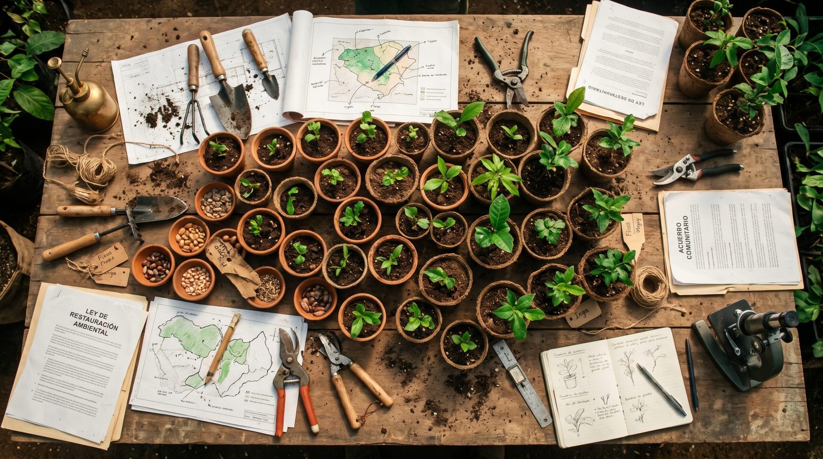EL SEMILLERO DE JUSTICIA PLANETARIA 1 Brotes verdes germinando junto a herramientas y documentos legales, representando el Semillero de Justicia Planetaria y las herramientas de acción legal y ambiental.