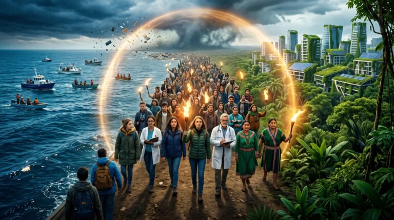 Va por la Tierra: Inteligencia Planetaria 8 Defensores ambientales protegiendo océanos, bosques y ciudades resilientes, simbolizando la lucha simultánea por el clima, la biodiversidad y la democracia ambiental.